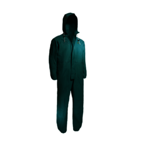 DUNLOP PROTECTIVE FOOTWEAR GREEN CHEMTEX .42 MM PVC ON NYLON POLYESTER COVERALLS WITH ATTACHED HOOD