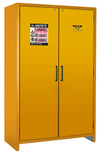 Justrite 45 Gallon Yellow Steel EN Fammable Safety Cabinet With (3) Adjustable Shelves And (2) Self-Closing Doors