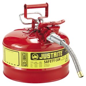 Justrite 2 12 Gallon Red AccuFlow Galvanized Steel Type II Vented Safety Can With Stainless Steel Flame Arrester And 58" Metal Hose (For Flammable Liquids)