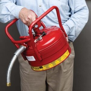 Justrite 2 12 Gallon Red AccuFlow Galvanized Steel Type II Vented Safety Can With Flame Arrester, 1" Metal Hose And Roll Bar (For Flammables)