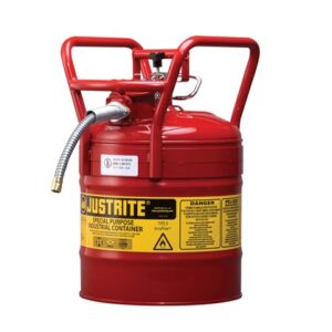 Justrite 5 Gallon Red AccuFlow Galvanized Steel Type II Vented Safety Can With Flame Arrester, 58" Metal Hose And Roller Bars (For Flammables)