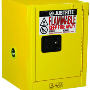 Justrite 4 Gallon Yellow Sure-Grip EX 18 Gauge Cold Rolled Steel Countertop Safety Cabinet With (1) Manual Close Door And (1) Shelf (For Flammables)