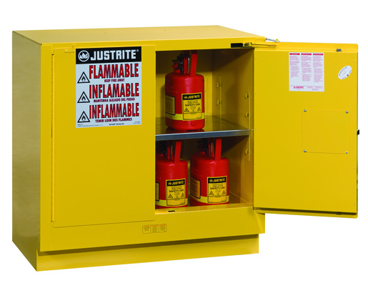 Justrite 22 Gallon Yellow Sure-Grip EX 18 Gauge Cold Rolled Steel Undercounter Safety Cabinet With (2) Self-Closing Doors And (1) Shelf (For Flammables)