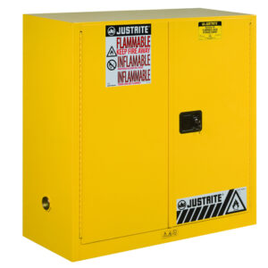 Justrite 43" W X 44" H X 18" D 30 Gallon Yellow Sure-Grip EX 18 Gauge Cold Rolled Steel Safety Cabinet With (2) Manual Close Doors And (1) Shelf (For Flammables)