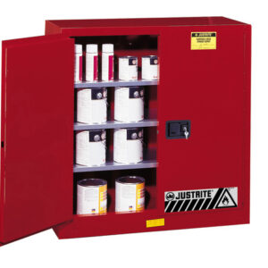 Justrite 40 Gallon Red Sure-Grip EX 18 Gauge Cold Rolled Steel Safety Cabinet With (2) Manual Close Doors And (3) Shelves (For Combustibles)