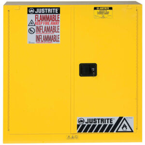 Justrite 30 Gallon Yellow Sure-Grip EX 18 Gauge Cold Rolled Steel Safety Cabinet With (2) Self-Closing Doors And (1) Shelf (For Flammables)