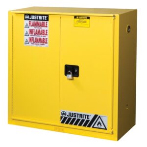 Justrite 30 Gallon Yellow Sure-Grip EX 18 Gauge Cold Rolled Steel Safety Cabinet With (1) Bi-Fold Self-Closing Door And (1) Shelf (For Flammables)