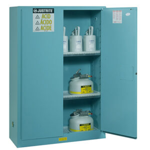 Justrite 45 Gallon Blue Sure-Grip EX 18 Gauge Cold Rolled Steel Safety Cabinet With (2) Manual Close Doors And (2) Adjustable Shelves (For Corrosive Acids)