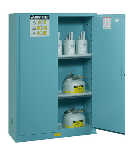 Justrite 45 Gallon Blue Sure-Grip EX 18 Gauge Cold Rolled Steel Safety Cabinet With (2) Manual Close Doors And (2) Adjustable Shelves (For Corrosive Acids)