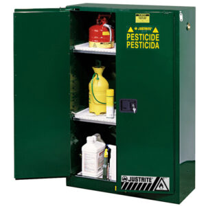 Justrite 45 Gallon Green Sure-Grip EX 18 Gauge Cold Rolled Steel Safety Cabinet With (2) Self-Closing Doors And (2) Adjustable Shelf (For Pesticides)
