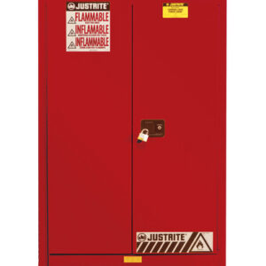 Justrite 60 Gallon Red Sure-Grip EX 18 Gauge Cold Rolled Steel Safety Cabinet With (2) Self-Closing Doors And (5) Shelves (For Combustibles)
