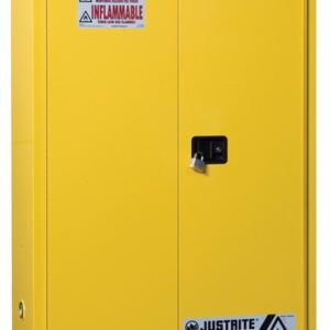 Justrite 45 Gallon Yellow Sure-Grip EX 18 Gauge Cold Rolled Steel Safety Cabinet With (1) Bi-Fold Self-Closing Door And (2) Shelves (For Flammables)