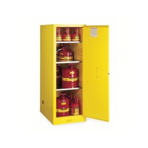 Justrite 55 Gallon Yellow Sure-Grip EX 18 Gauge Cold Rolled Steel Deep Slimline Safety Cabinet With (1) Manual Close Door And (3) Shelves (For Flammables)