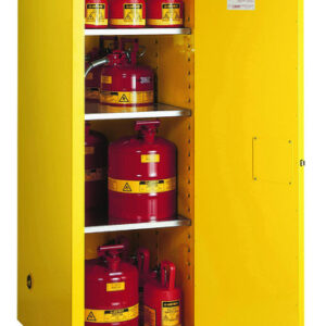 Justrite 55 Gallon Yellow Sure-Grip EX 18 Gauge Cold Rolled Steel Deep Slimline Safety Cabinet With (1) Self-Closing Door And (3) Shelves (For Flammables)