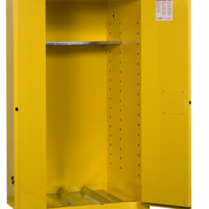 Justrite 55 Gallon Yellow Sure-Grip EX 18 Gauge Cold Rolled Steel Vertical Drum Safety Cabinet With (2) Manual Close Doors And (1) Shelf And Drum Support (For Flammable Liquids)