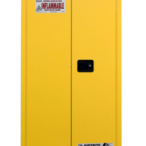 Justrite 55 Gallon Yellow Sure-Grip EX 18 Gauge Cold Rolled Steel Vertical Drum Safety Cabinet With (2) Self-Closing Doors, (1) Shelf And Drum Support (For Flammable Liquids)