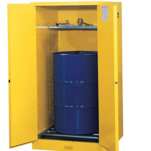 Justrite 55 Gallon Yellow Sure-Grip EX 18 Gauge Cold Rolled Steel Vertical Drum Safety Cabinet With (2) Self-Closing Doors, (1) Shelf And Drum Rollers (For Flammable Liquids)