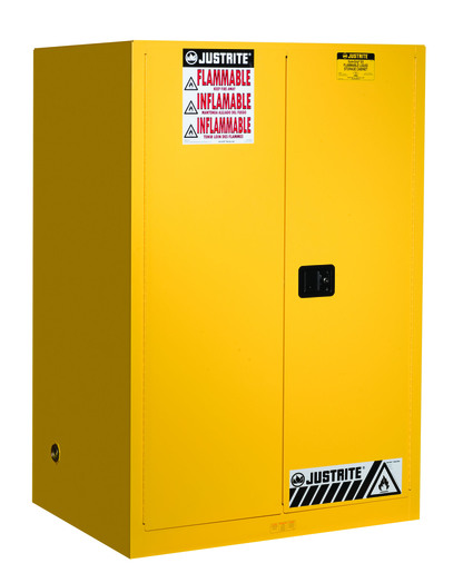 Justrite Sure-Grip EX Safety Cabinets w/ Self-Closing Doors, 90 gal, 65"H x 43"W x 34"D, IFC, 2 Shelves, Yellow, 1/Each