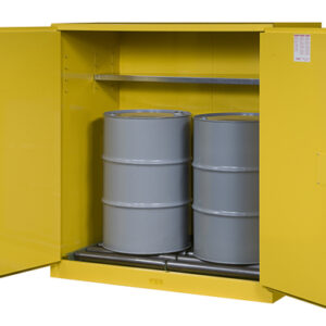 Justrite 110 Gallon Yellow Sure-Grip EX 18 Gauge Cold Rolled Steel Vertical Drum Safety Cabinet With (2) Manual Close Doors And (1) Shelf And Drum Rollers (For Flammable Liquids)