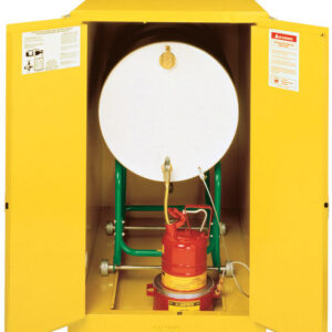 Justrite 55 Gallon Yellow Sure-Grip EX 18 Gauge Cold Rolled Steel Horizontal Drum Safety Cabinet With (2) Manual Close Doors And Cradle Track (For Flammable Liquids)