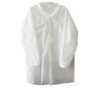 WHITE POLYPROPYLENE LAB COAT, COLLAR & SNAP BUTTON FRONT, NO POCKETS, ELASTIC CUFFS