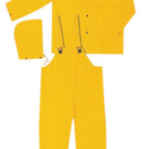 MCR SAFETY YELLOW CLASSIC .35 MM POLYESTER AND PVC 3-PIECE RAIN SUIT WITH DETACHABLE HOOD AND BIB PANTS