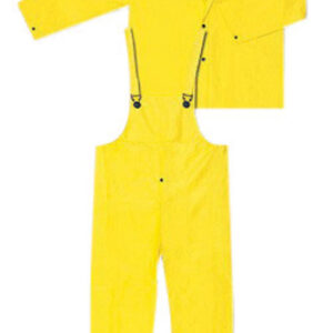 MCR SAFETY YELLOW WIZARD .28 MM NYLON AND PVC 3-PIECE RAIN SUIT WITH DETACHABLE HOOD AND BIB PANTS