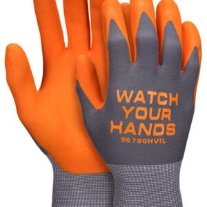 Memphis Gloves Medium 96790HVI 15 Gauge Orange Nitrile Foam Palm Coated Work Gloves With Black Nylon Liner, Knit Wrist And "Watch Your Hands" Logo