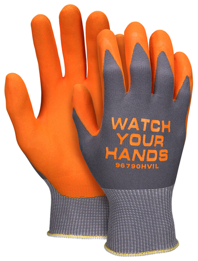 Memphis Gloves 2X 96790HVI 15 Gauge Orange Nitrile Foam Palm Coated Work Gloves With Navy Nylon Liner, Knit Wrist And "Watch Your Hands" Logo
