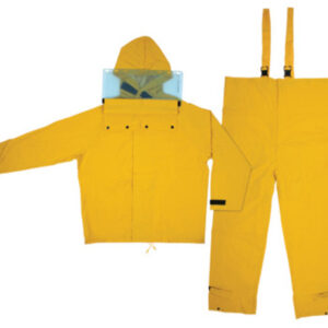 RIVER CITY GARMENTS YELLOW HYDROBLAST PVCPOLYESTER RAINSUIT WITH WELDED SEAMS, HOOK AND LOOP CLOSURE ON JACKET FRONT, WRISTS, NECK AND ANKLES, ELASTIC SUSPENDERS ON OVERALLS AND ATTACHED HOOD WITH DRAWSTRING CLOSURE