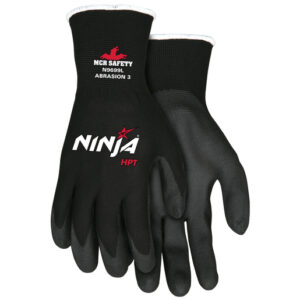 MCR SAFETY NINJA HPT 15 GAUGE BLACK FOAM HPT PALM AND FINGERTIPS COATED WORK GLOVES WITH BLACK NYLON LINER AND KNIT WRIST