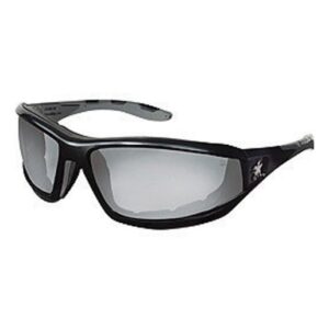 Crews Reaper Regular Safety Glasses With Black Polycarbonate Frame, Clear IndoorOutdoor Mirror Polycarbonate Duramass Anti-Scratch Lens And Gray Temple Sleeve And Removable Foam Gasket