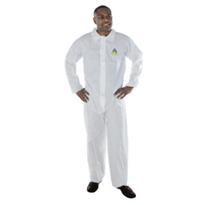 DEFENDER II WHITE MICROPOROUS COVERALL, ZIPPER FRONT WITH FLAP & COLLAR, OPEN WRISTS & ANKLES, NO ELASTIC