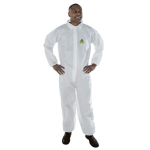 DEFENDER II WHITE MICROPOROUS COVERALL, ZIPPER FRONT WITH FLAP & COLLAR, ELASTIC WAIST, WRISTS & ANKLES