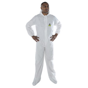DEFENDER II WHITE MICROPOROUS COVERALL WITH HOOD & BOOTS, ZIPPER FRONT WITH FLAP, ELASTIC WAIST, WRIST, ANKLES, HOOD & BOOTS