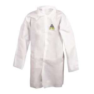 DEFENDER II WHITE MICROPOROUS LABCOAT WITH 4-SNAP FRONT & COLLAR, NO POCKETS, OPEN WRISTS