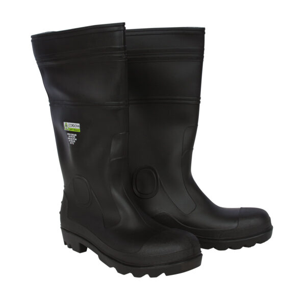 BLACK BOOT WITH BLACK PVC SOLE, EVA INSOLE, STEEL TOE, COTTON LINED, 16-INCH LENGTH, OVER-THE-SOCK STYLE