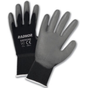 RADNOR 15 GAUGE GRAY POLYURETHANE PALM AND FINGER COATED WORK GLOVES WITH BLACK NYLON LINER AND KNIT WRIST