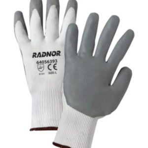 RADNOR 15 GAUGE GRAY NITRILE PALM AND FINGER COATED WORK GLOVES WITH WHITE NYLON LINER AND KNIT WRIST