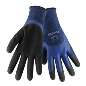 RADNOR BLUE AND BLACK 15 GAUGE POLYESTER 7 GAUGE ACRYLIC TERRY LINED COLD WEATHER GLOVES WITH DOUBLE DIPPED LATEX 34 COATING
