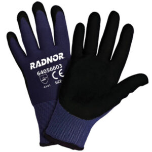 RADNOR 15 GAUGE BLACK NITRILE AND MICRO-FOAM PALM AND FINGER COATED WORK GLOVES WITH BLUE NYLON LINER AND KNIT WRIST