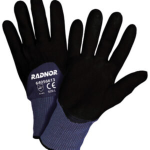 RADNOR 15 GAUGE BLACK NITRILE AND MICRO-FOAM PALM, FINGER AND KNUCKLES COATED WORK GLOVES WITH BLUE NYLON LINER AND KNIT WRIST