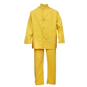STORMFRONT .35 MM PVC/POLYESTER, YELLOW 3-PIECE RAIN SUIT, STORM FLY FRONT WITH ZIPPER/SNAP BUTTONS, VENTILATED BACK/UNDERARMS, BIB PANTS SUSPENDERS, DETACHABLE HOOD