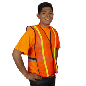 GENERAL PURPOSE, TYPE O, NON-RATED, ORANGE MESH VEST, HOOK & LOOP CLOSURE, 1-INCH LIME REFLECTIVE TAPE