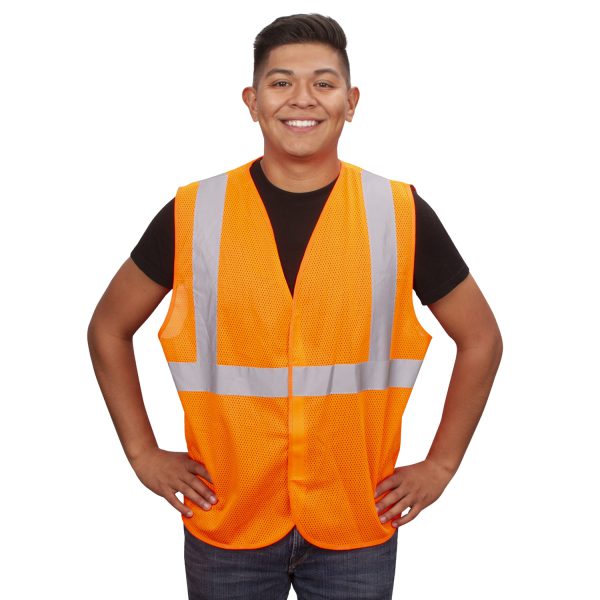 TYPE R, CLASS 2, ORANGE MESH VEST, HOOK & LOOP CLOSURE, 2-INCH SILVER REFLECTIVE TAPE
