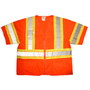 COR-BRITE TYPE R, CLASS 3, ORANGE MESH VEST, ZIPPER CLOSURE, TWO-TONE CONTRASTING TRIM/REFLECTIVE TAPE,