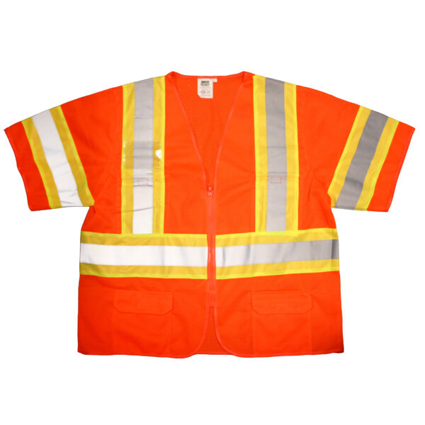 COR-BRITE TYPE R, CLASS 3, ORANGE MESH VEST, ZIPPER CLOSURE, TWO-TONE CONTRASTING TRIM/REFLECTIVE TAPE,
