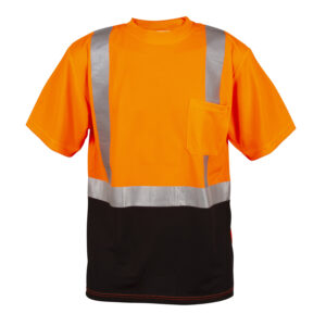 COR-BRITE TYPE R, CLASS II, ORANGE BIRDSEYE MESH T-SHIRT, SHORT SLEEVES, CHEST POCKET, 2-INCH SILVER REFLECTIVE TAPE, BLACK FRONT PANEL