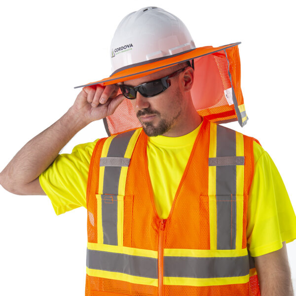HI-VIS ORANGE FOLDABLE HELMET BRIM WITH ORANGE MESH NECK SHADE, TWO-TONE REFLECTIVE TAPE, ATTACHED STORAGE POUCH