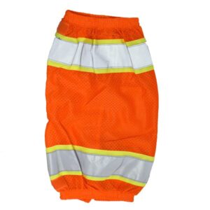 TYPE R, CLASS E, ORANGE MESH LEG GAITERS, TWO-TONE REFLECTIVE TAPE, THREE HOOK & LOOP STRAPS, ELASTIC ON BOTH ENDS, ONE SIZE FITS ALL